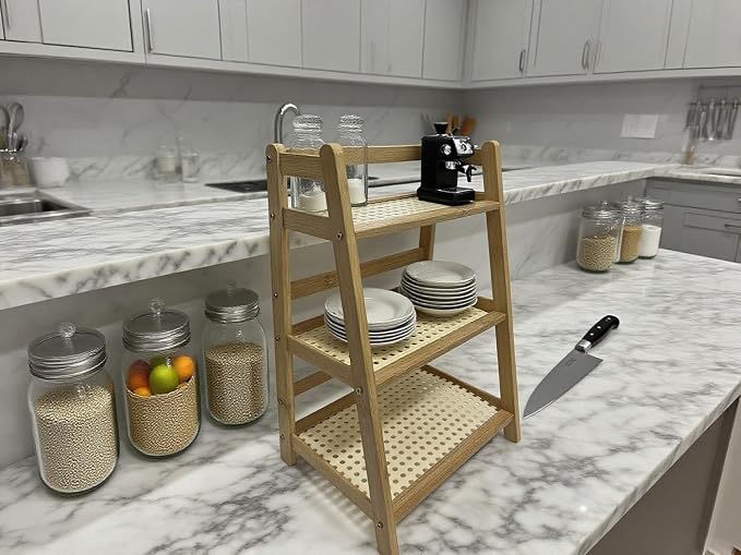 Three Tier Wooden Storage Shelf, Bamboo Ladder Shelf, Desk Tabletop Rack - Image 7