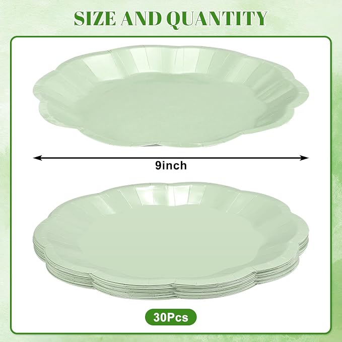 NatNarr 30 Pcs Sage Green Paper Plates, 9 Inch Scalloped Paper Plates | Green - Image 2