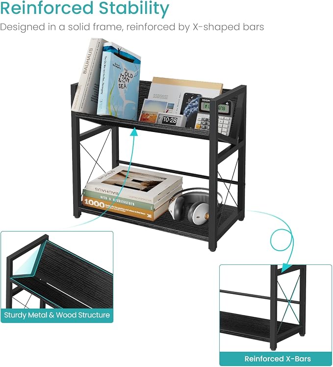 ELITEROO Desktop Bookshelf, 2 Tier Desk Book Organizer Shelf, Wood Tabletop - Image 7