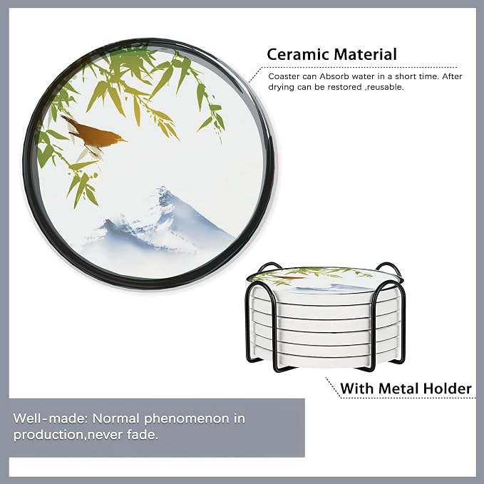 Drink Coasters Set of 6 with Holder, Japanese Cherry Blossom and Fujiyama - Image 5