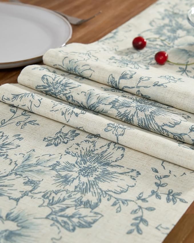 jinchan Blue Floral Linen Table Runner 13 x 108 Inch Farmhouse | Classic - Image 6