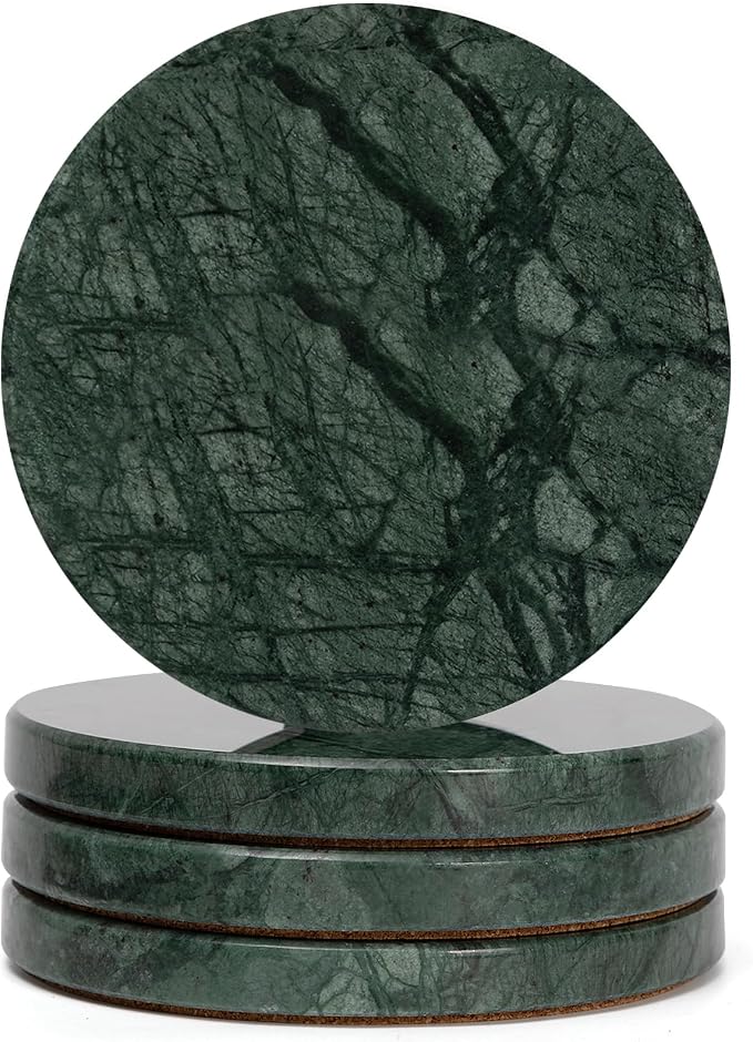 Dark Green Marble Coasters Set of 4, Modern Luxury Drink Coaster by YONGHEE