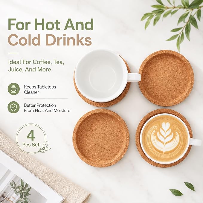 Cobee 4 Pack Cork Coasters, Absorbent Round Cup Coasters - Image 6