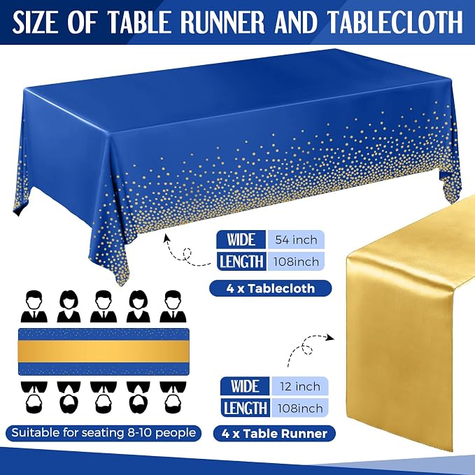 8 Pack Navy Blue and Gold Disposable Plastic Tablecloths and Satin Table Runner - Image 2