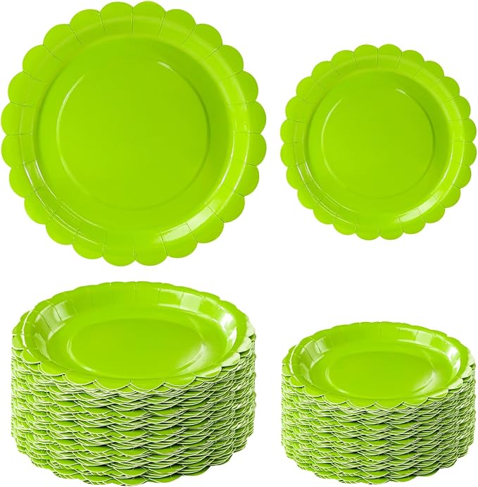 50 Pcs Lime Green Scalloped Paper Plates 25 × 7'' and 25 × 9'' Disposable Lime by FALIZIFU