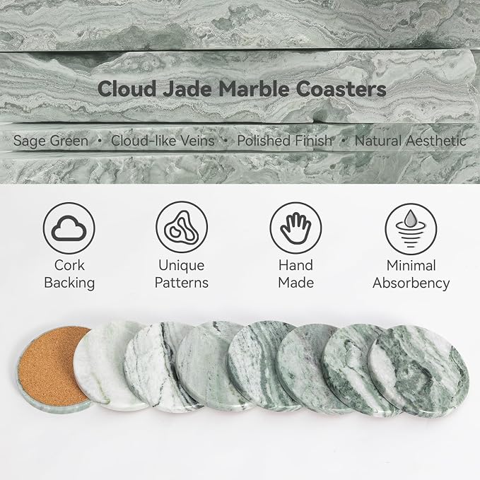 Sage Green Marble Coasters Set of 4, Elegant Green & White Coasters - Image 3