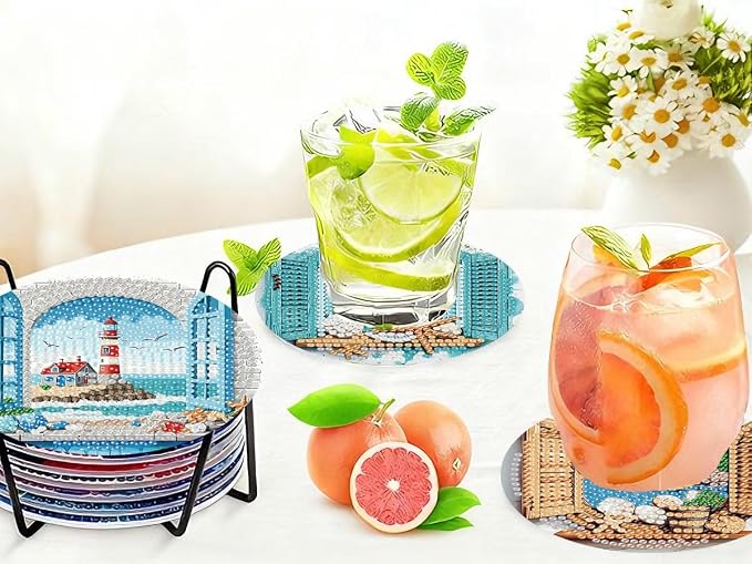 8 PCS Diamond Art Coasters Kits Lighthouse Diamond Painting Coaster | Diamond - Image 7