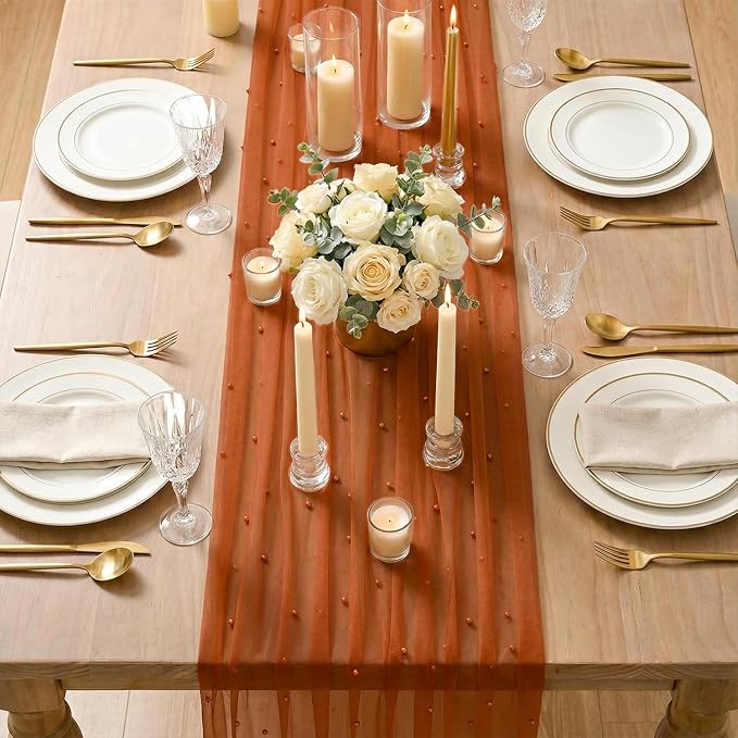 Artoid Mode Pearl Terrcotta Gauze Table Runner 120 Inch 10FT, Seasonal Sheer - Image 3