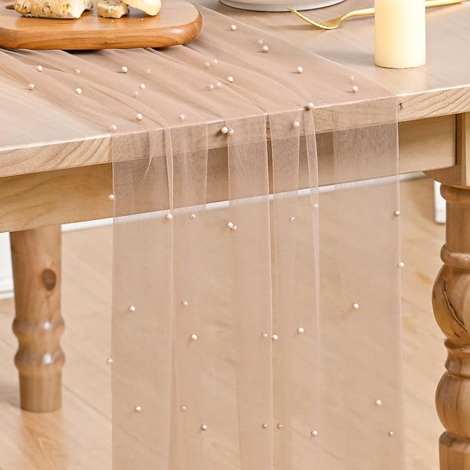 Artoid Mode Pearl Tan Gauze Table Runner 120 Inch 10FT, Seasonal Sheer Dining by ArtoidMode