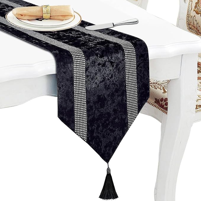 Elegant Black Table Runner, Ombre Velvet, Sequin Rhinestone, Dual Bling by Jiino