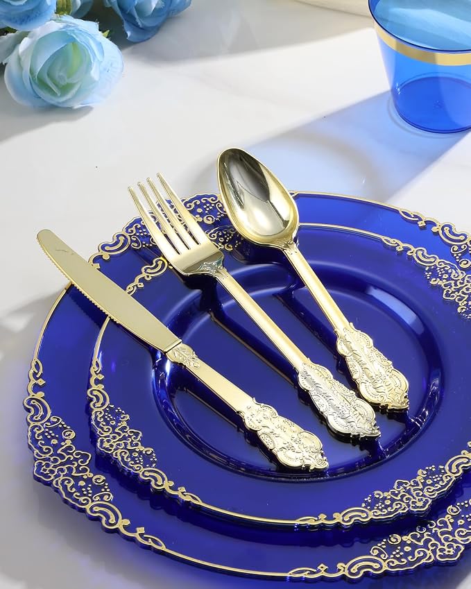 350 Piece Clear Blue Plastic Dinnerware Set - Image 6