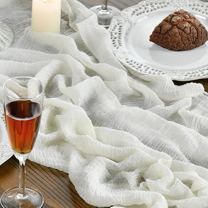 Artoid Mode Boho Cheesecloth Gauze Ivory Wedding Table Runner, 160 Inch - Image 6