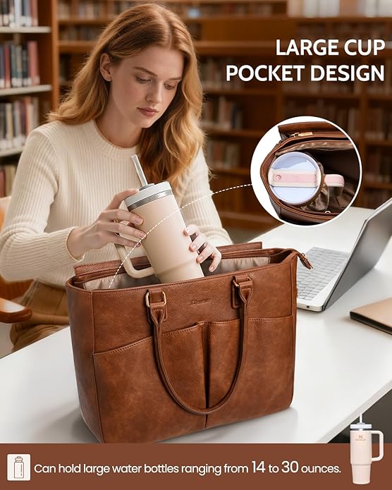Laptop Tote Bag for Women, Leather Work Tote - Image 4