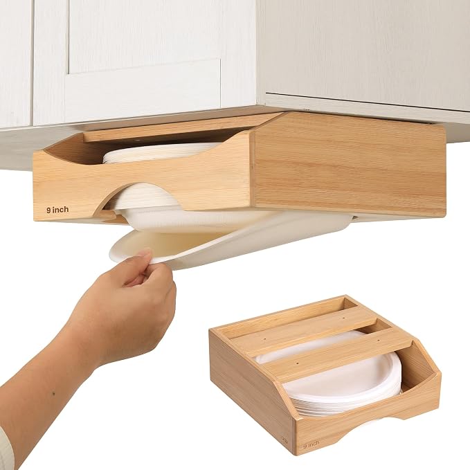9-inch Paper Plate Dispenser Under Cabinet, Bamboo Paper Plate Holders by CKIU