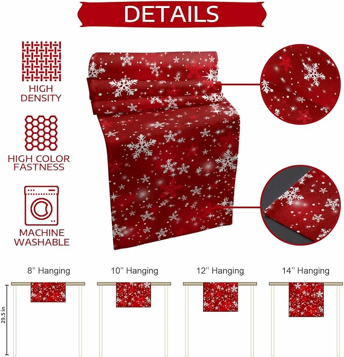 Red Christmas Short Table Runners 36 Inches, Cotton Linen Fabric Snowflake - Image 8