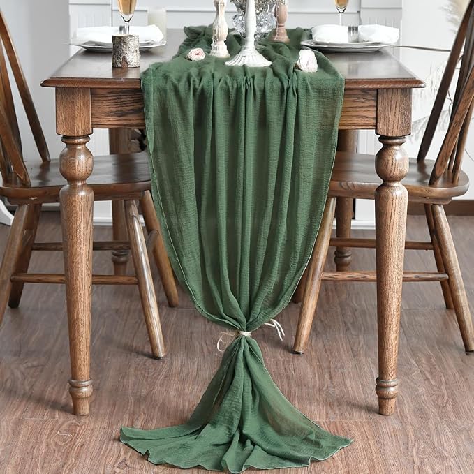 Artoid Mode Boho Cheesecloth Gauze Forest Green Wedding Table Runner, 160 Inch - Image 2