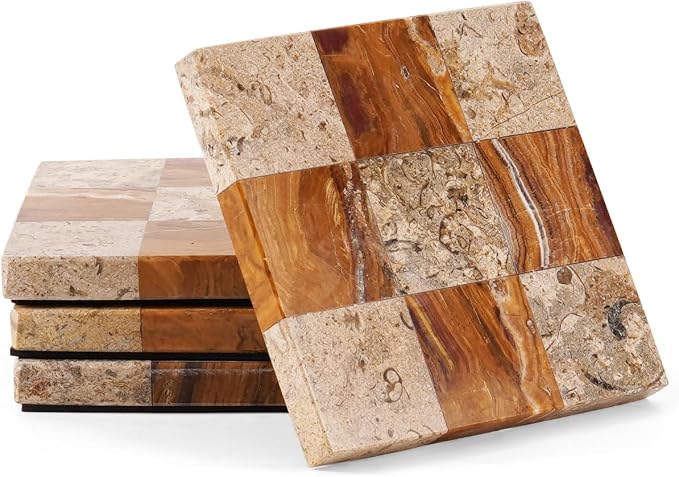 Marble Coasters Set of 4, Coral & Red Handmade 4 inch Square Natural Marble by Earthentones