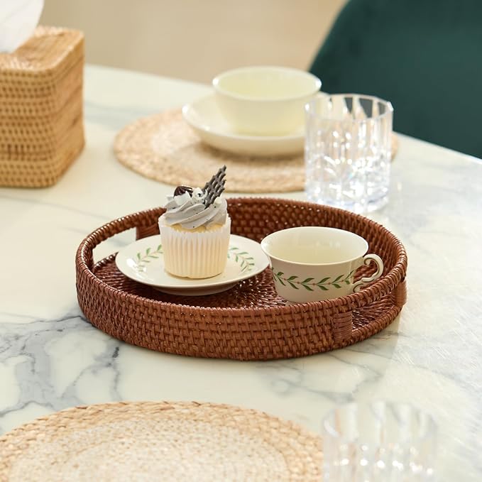 11.8 inch Round Rattan Tray, Decorative Coffee Table Tray, Ottoman Trays - Image 3