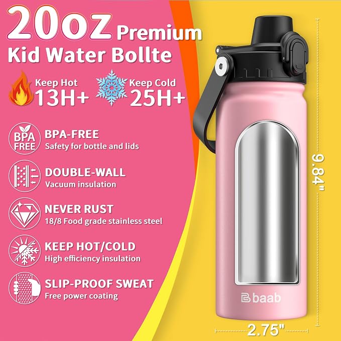 baab 20oz Kids Insulated Water Bottle 18/8 Stainless Steel Kids Cup 2 Pack | - Image 2