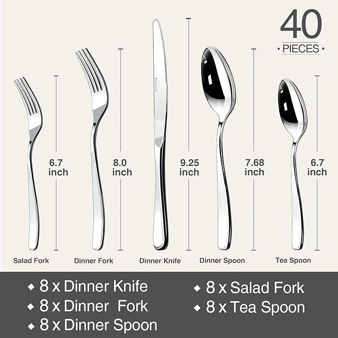 18/10 Silverware Set for 8, 40 Piece Stainless Steel Flatware Set Cutlery | - Image 7