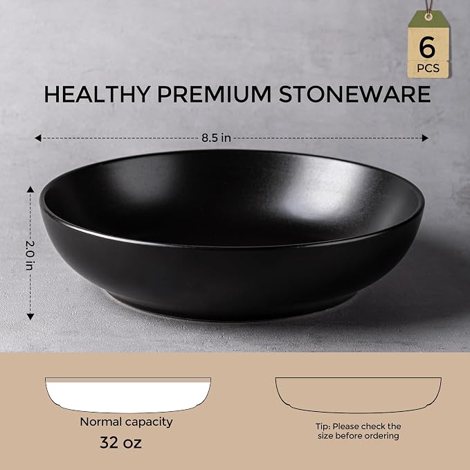 AmorArc 8.5 Inch Stoneware Pasta Bowls of 6, 32oz Large Bowls Set | Matte Black - Image 2
