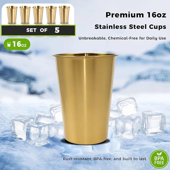 5-Pack 16 oz Stainless Steel Pint Cups, Reusable | Food-Grade 304 Stainless - Image 2