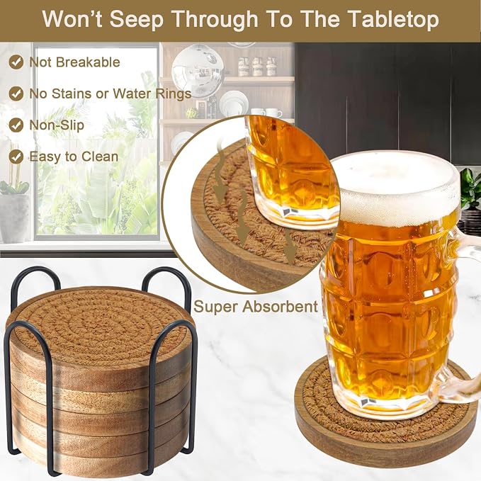 Eykao 6 Pack Coasters for Drinks Absorbent, 4.3 inches Cork Coasters for Coffee - Image 2