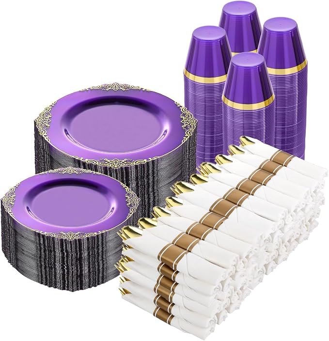 700 Piece Clear Purple Plastic Dinnerware Set by GoodLuck