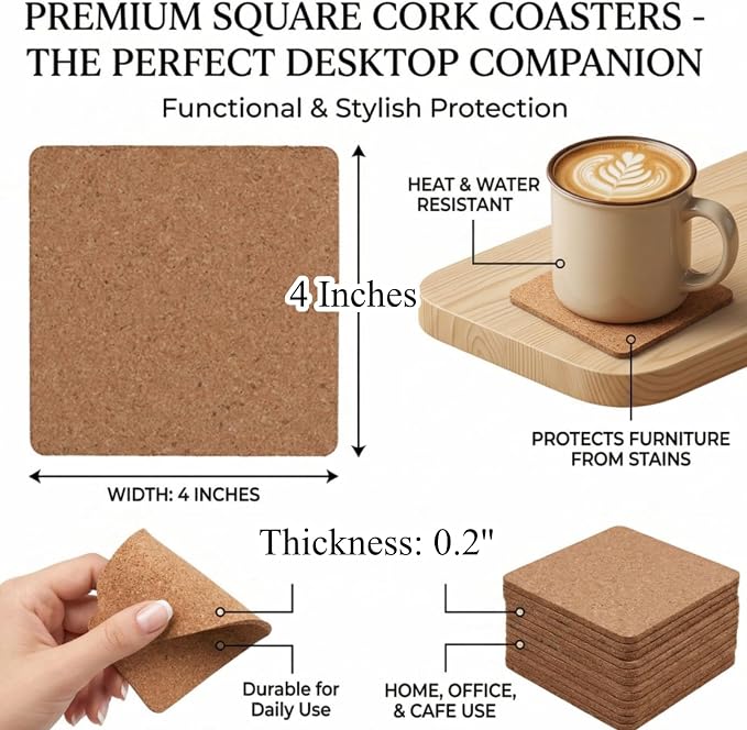 Tebery 30 Pack 4 Inch Square Cork Coasters, 0.2'' Thick Absorbent Drink Pads - Image 2