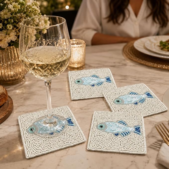 Coaster Set of 4, Handmade Beaded Bar Drink Tabletop Protection Coasters - Image 8