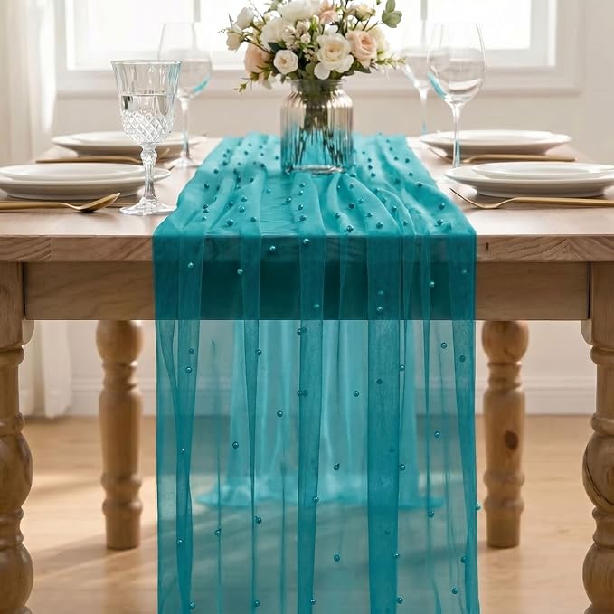 Artoid Mode Pearl Teal Gauze Table Runner 120 Inch 10FT, Seasonal Sheer Dining - Image 2
