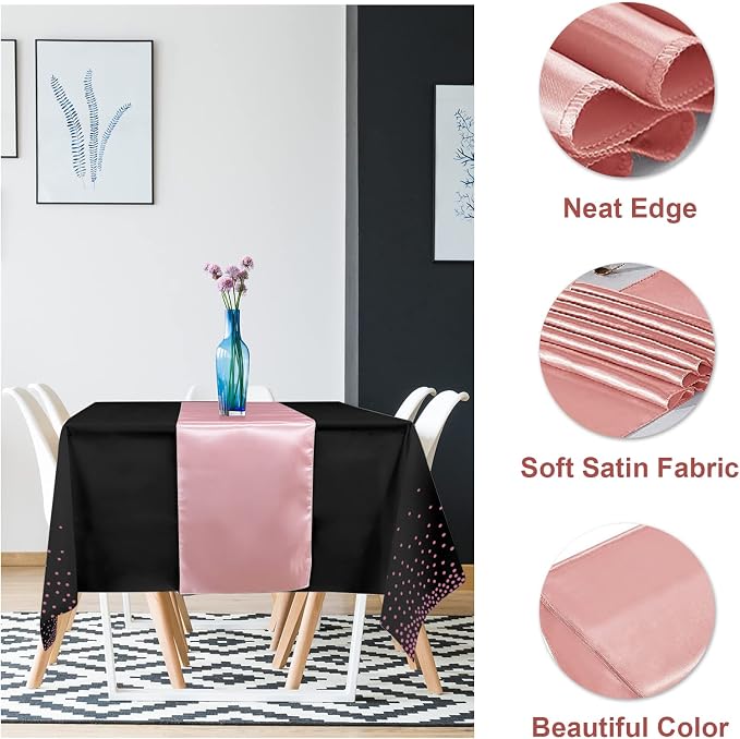 16Pack Disposable Plastic Tablecloths and Satin Table Runner Set Black and Rose - Image 3