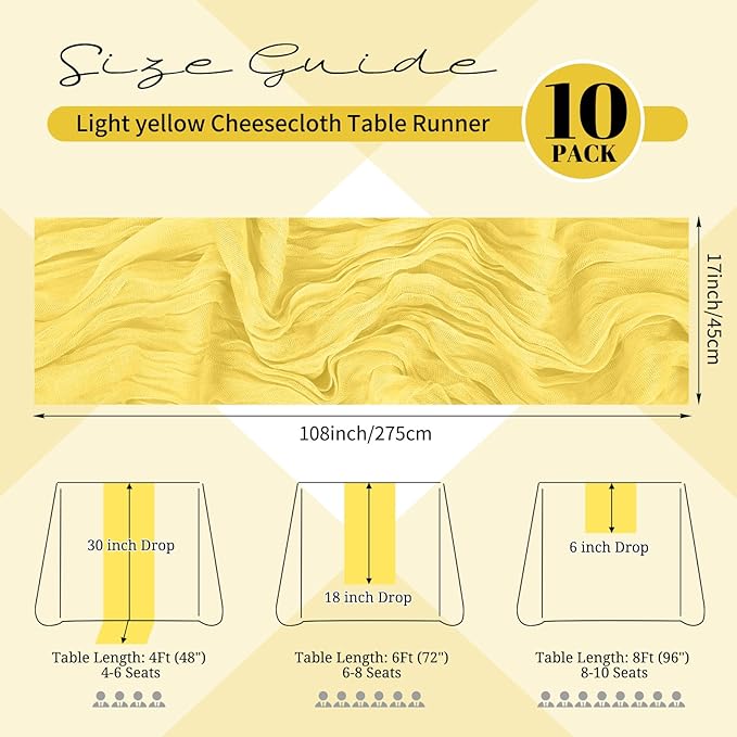 10 Pack Light Yellow Cheesecloth Table Runner 17x108 Inch Boho Gauze Cheese - Image 2