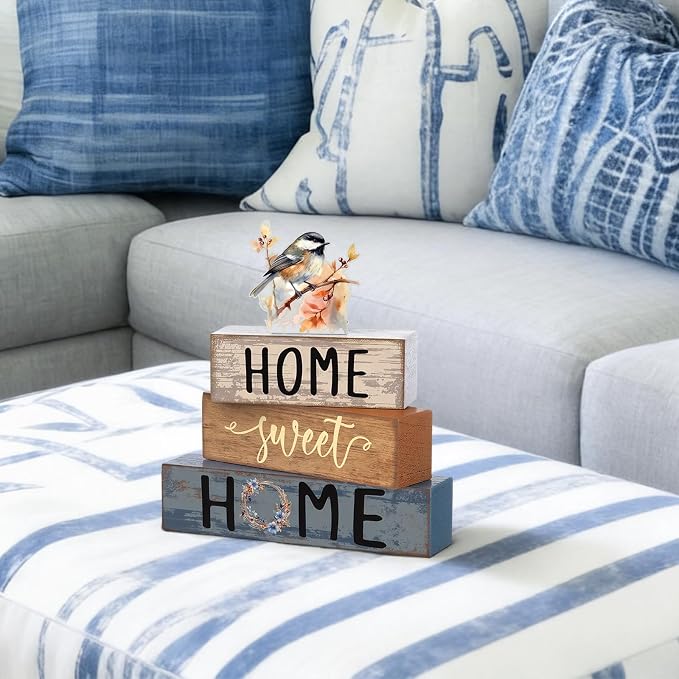 Cinnvoice 4 Pcs Spring Chickadee Wooden Block Decor Farmhouse Tiered Tray Signs - Image 5