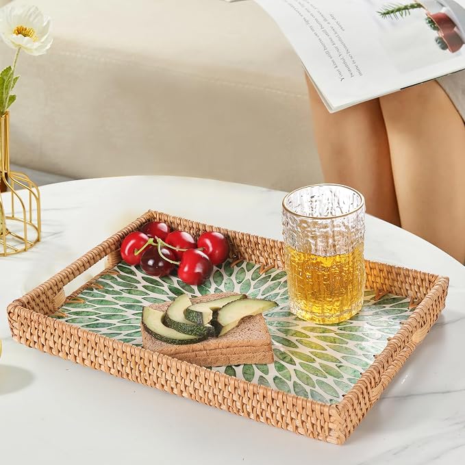 Rectangle Rattan Tray with Mother of Pearl Inlay, Rattan Serving Tray with - Image 8