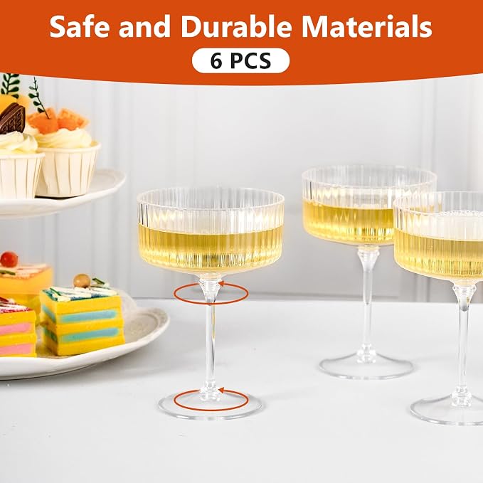 ZOMUIA Ribbed Coupe Glasses 6 Pcs, 10 oz Plastic Champagne Coupe Detachable - Image 8