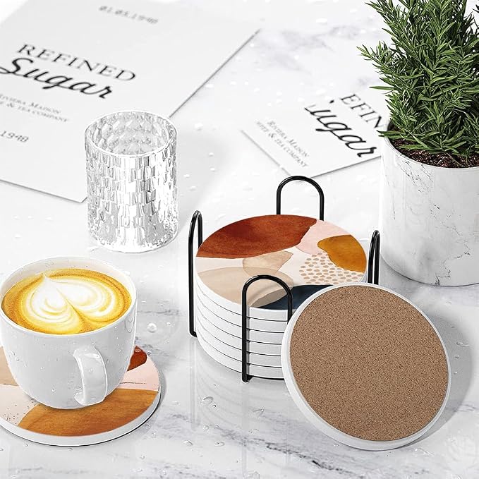 Drink Coasters for Drinks Set of 6, Terracotta Navy Orange and Gold Abstract - Image 4
