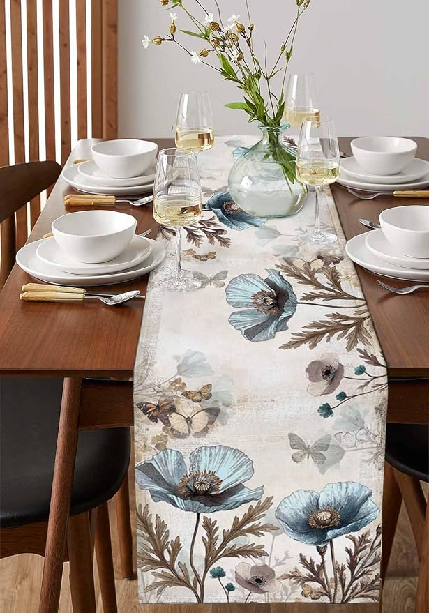 Vintage Tulip Flowers Table Runners 120 Inches Long, Cotton Linen Fabric Table - Image 2