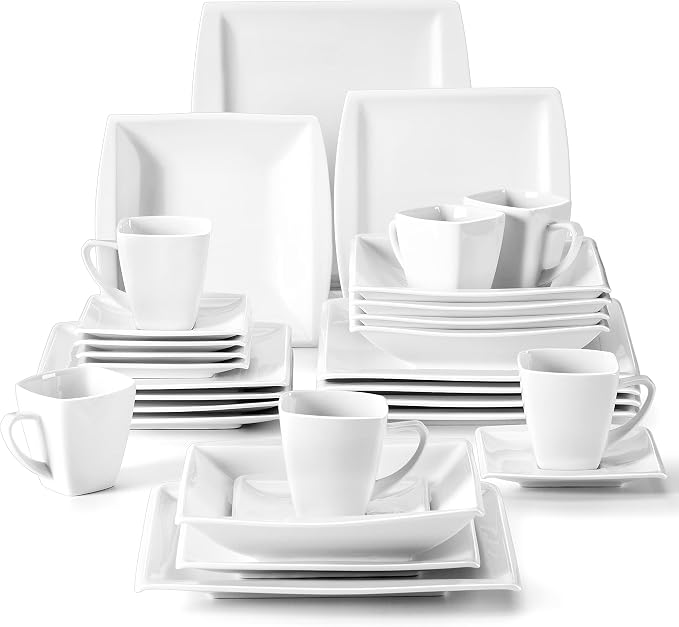 MALACASA 30 Piece Porcelain Dinnerware Set, Square Plates and Bowls by MALACASA