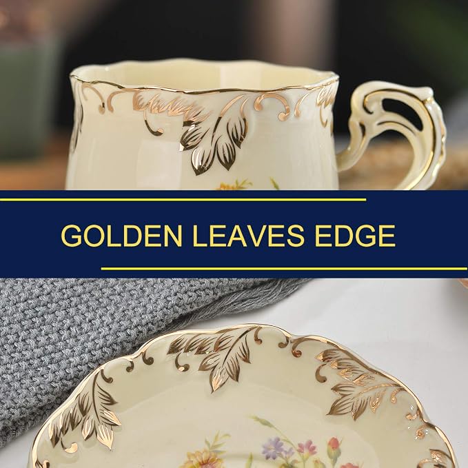 YOLIFE Tea Cup and Saucer Set, 8 OZ Flowering Shrubs Tea Cup Set | Ivory - Image 5