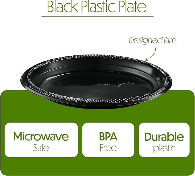 PLASTICPRO 200 PCS Black Plastic Plates Light Weight 9 Inch Plastic Dinner - Image 6