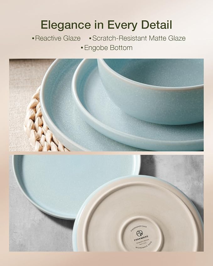 Famiware Milkyway 12-Piece Stoneware Dinnerware Set, Light Blue | Plates and - Image 5