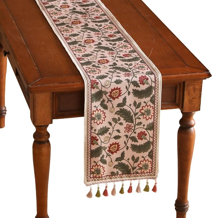 Designer Vintage Linen Extra Long Table Runner, Floral Leave Pattern, Dining by Isaennehomedecoration