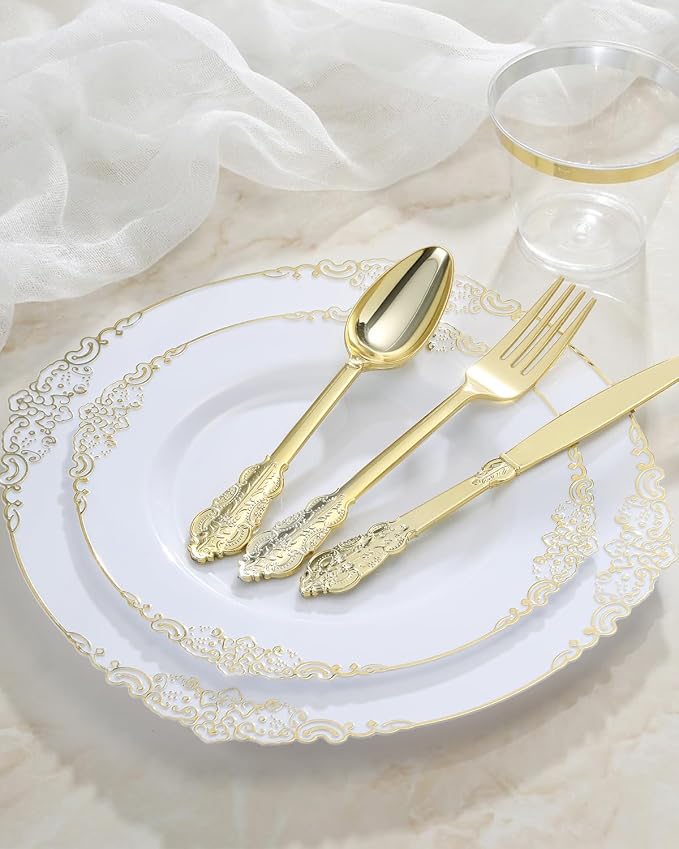 350 Piece Gold Plastic Dinnerware Set - Image 4