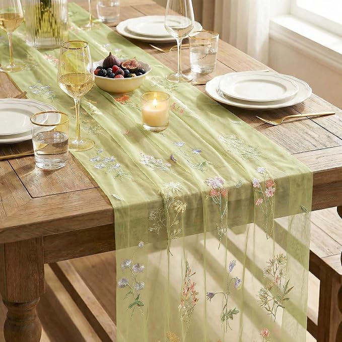 Artoid Mode Wildflower Floral Fern Green Gauze Embroidery Table Runner 120 Inch - Image 7