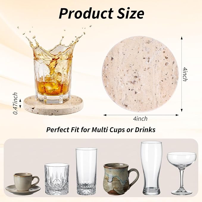 Travertine Coasters Set of 4, Marble Absorbent Coaster - Image 2