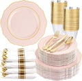 350PCS Pink Plates Disposable-PinK Plates 50guest Baroque Plastic Dinnerware by Liacere