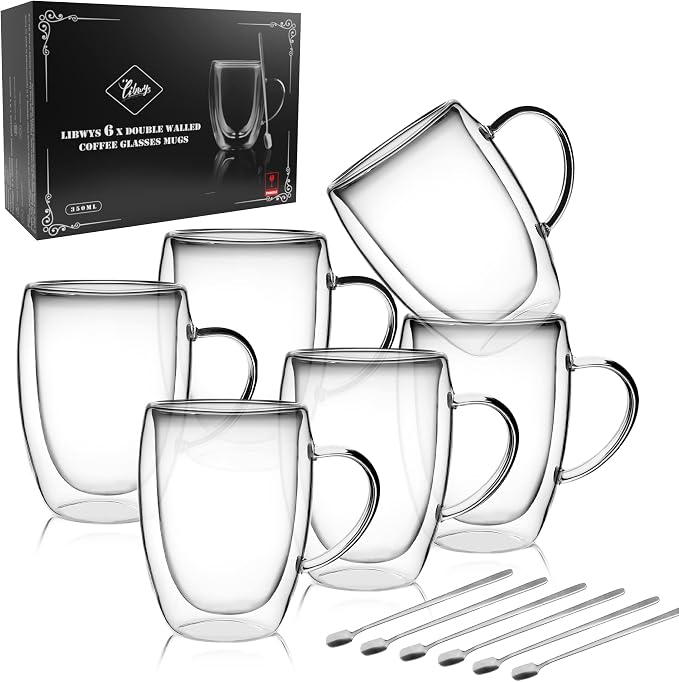 LIBWYS 6 Pack Double Walled Coffee Cups Glasses Mug 12oz Borosilicate Glass | by LIBWYS