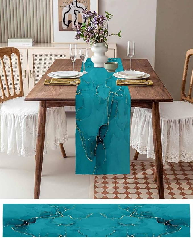Teal Marble Table Runners 48 Inches Long, Turquoise Marble Crack Table Runner - Image 6
