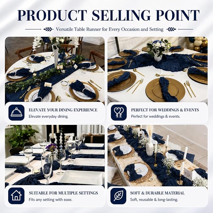 12 Pack Navy Blue Cheesecloth Table Runner 17x108 Inch Boho Rustic Semi Sheer - Image 7